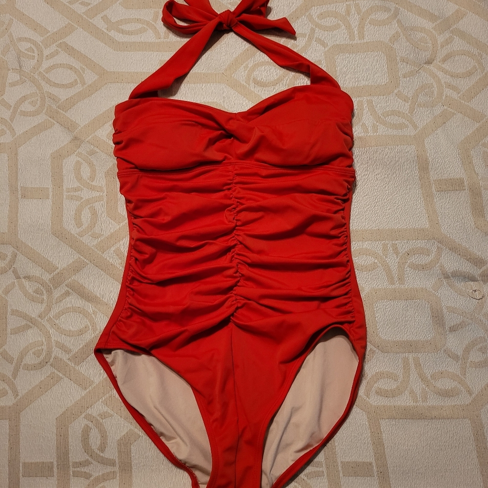 Tropical Escape Red halter swimsuit, size 10
